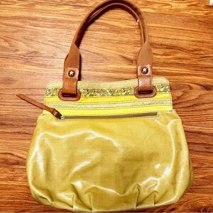 Fossil Key-Per Green Coated Leather Floral Canvas  Shoulder Bag Tote Puese